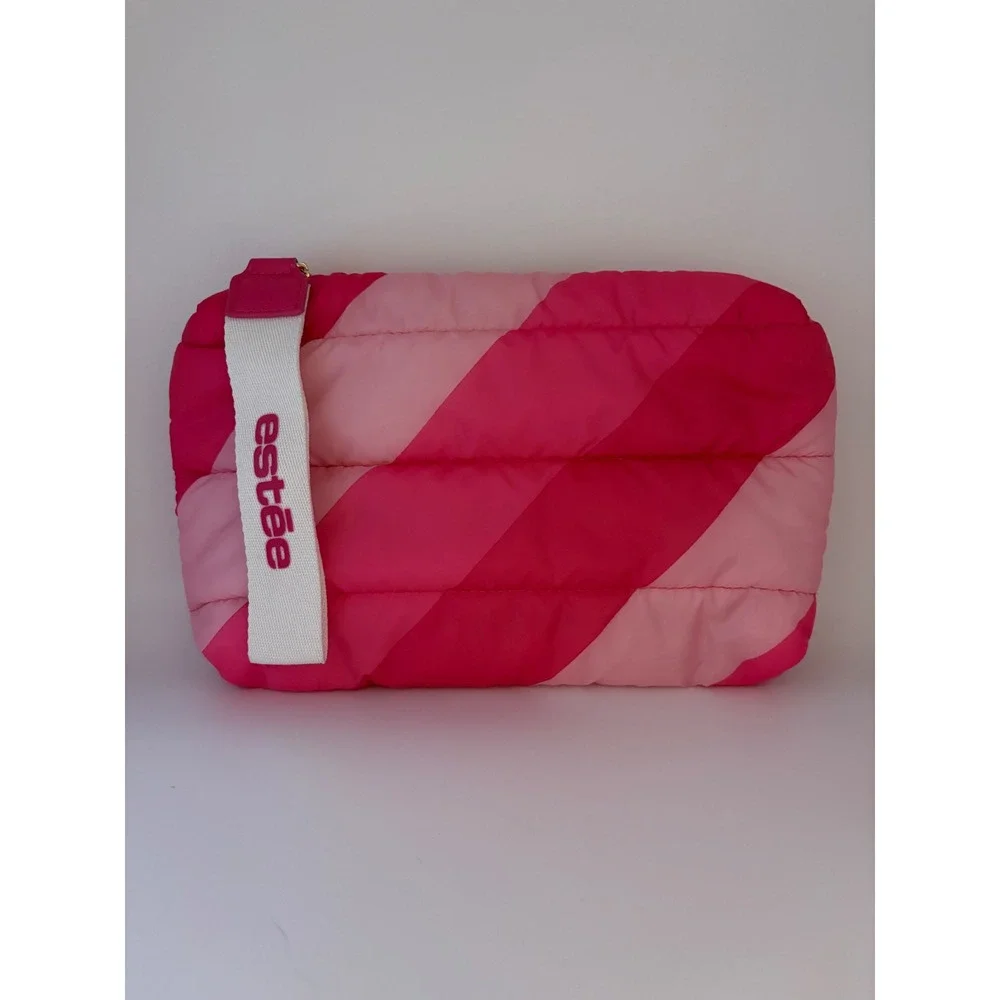 Estee Lauder Pink‎ Puffer Makeup Bag Quilted Striped Recycled Wristlet Pouch